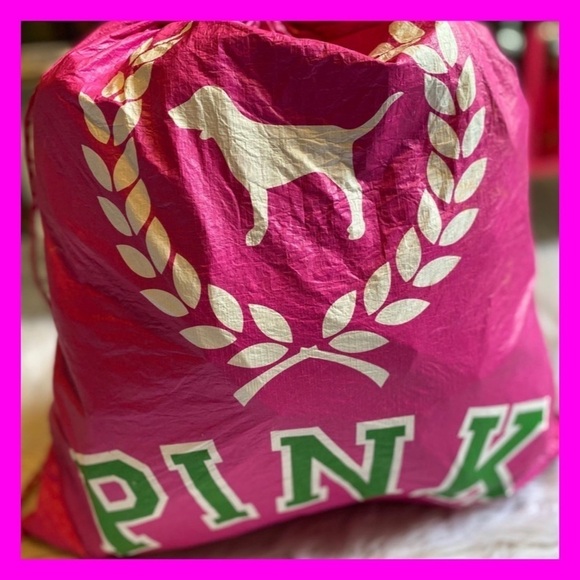Vintage Victoria's Secret VS PINK Drawstring Pouch Backpack With Dog Crest - Picture 2 of 6